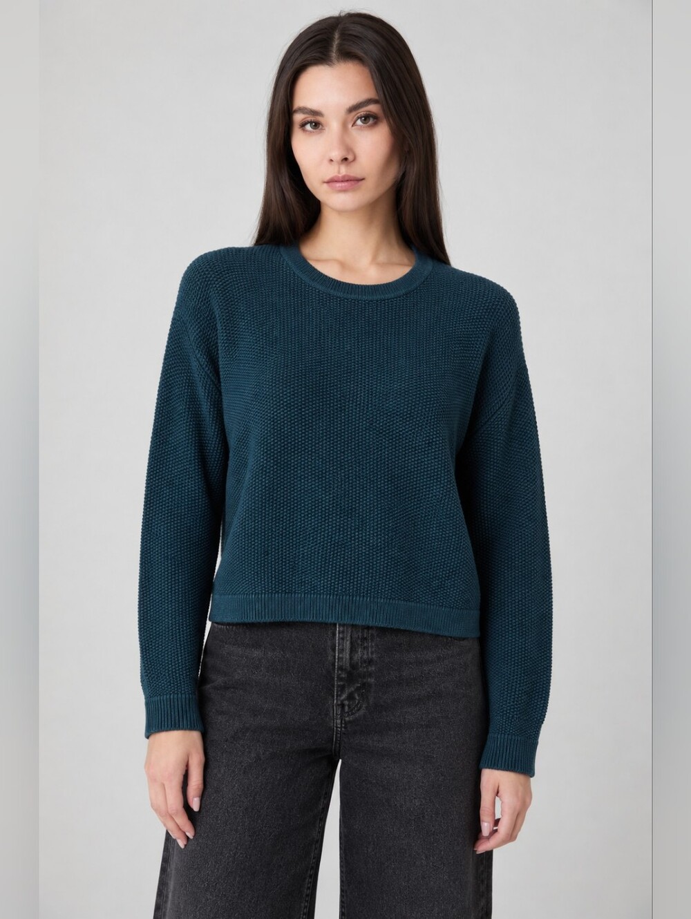 French Connection Deep Teal Textured Cotton Cropped Sweater Small